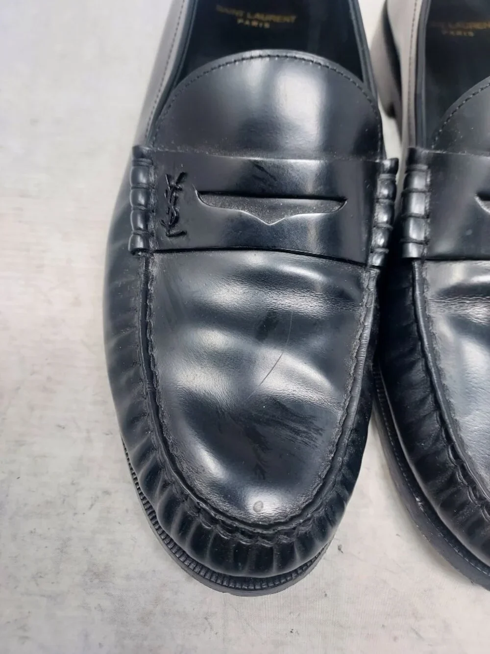 YSL Yves Saint Laurent MENS Black Logo Penny Patent Loafer Shoe